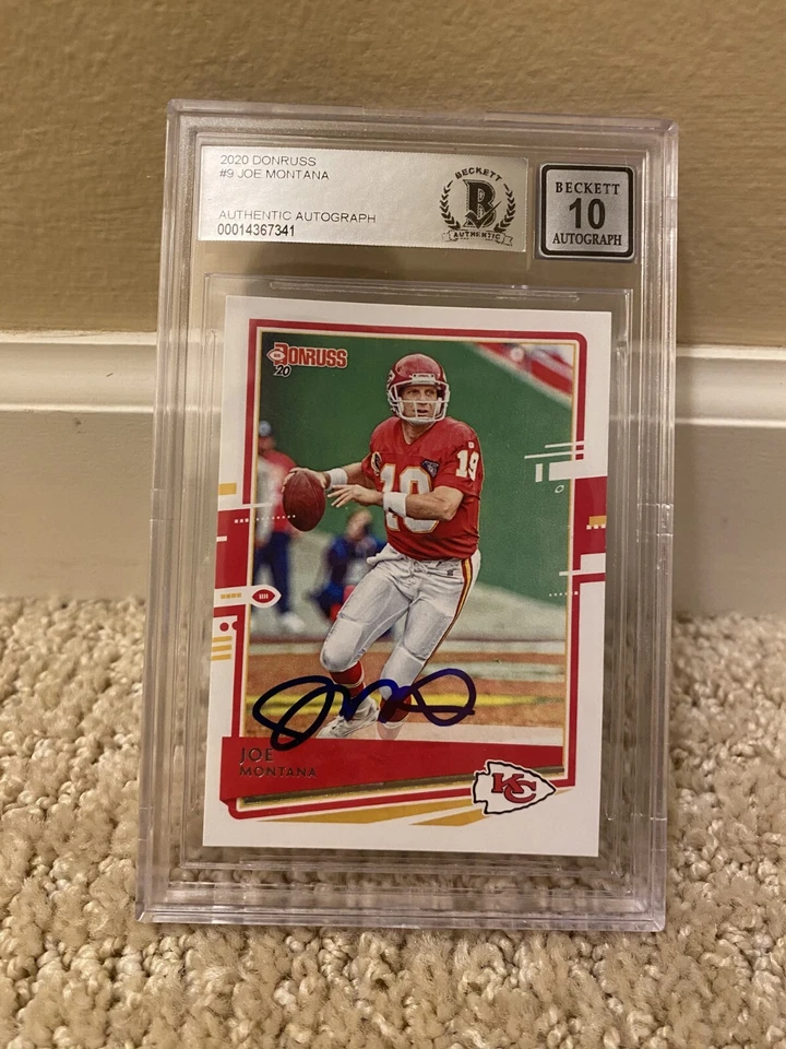 Donruss 49ers Joe Montana 2020 en tarjeta autógrafo firmado tarjeta Beckett 10 losas Foto 1 de 1