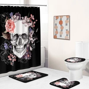 Skull FLoral Bathroom Rug Set Shower Curtain Non-Slip Bath Mat Toilet Lid Cover - Picture 1 of 12