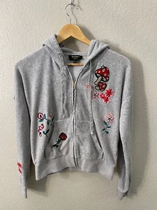 Juicy Couture Black Label Hoodie Medium Gray Jacket  Jeweled Mushroom Flower - Picture 1 of 10
