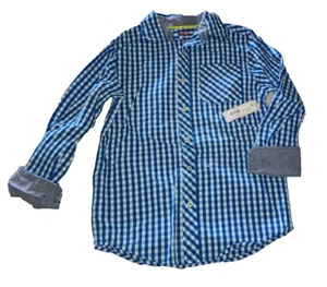 Arizona Boy's Long Sleeve Button Down Blue/White w/Gray Cuff Plaid Shirt Sz L - Picture 1 of 6