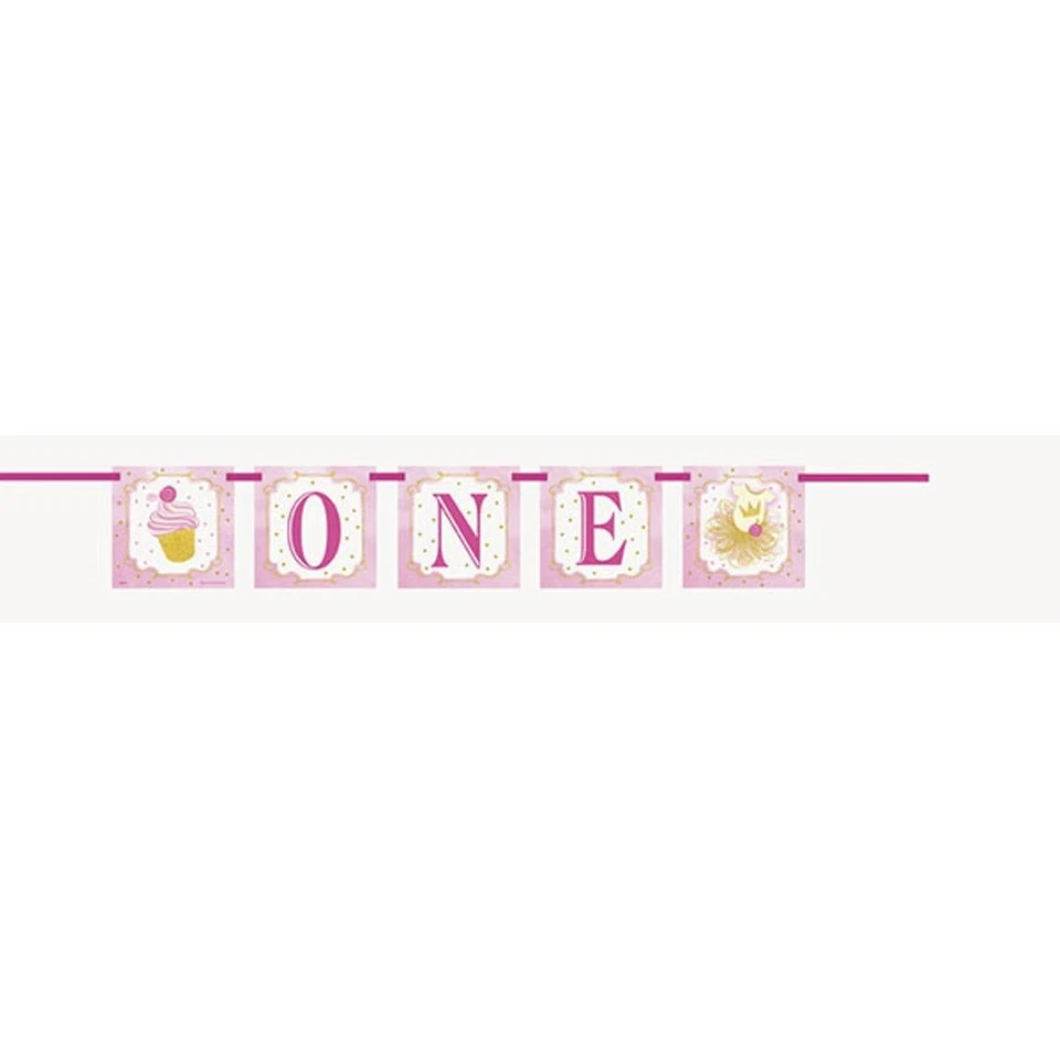 1st Birthday Pink Gold Girls Block Banner "One" Tutu Cupcake - Image 1 of 1