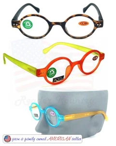 FROM RECYCLED MATERIALS! ROUND READING GLASSES +1.25 to 4.00 FLEX SPRING HINGES - Picture 1 of 37