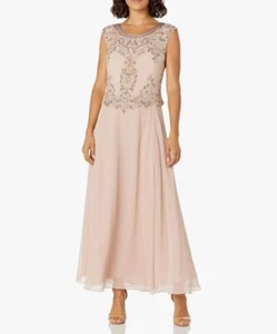 J Kara Cap Sleeve Long Beaded Dress Petite Size 6P Champagne NEW - Picture 1 of 4