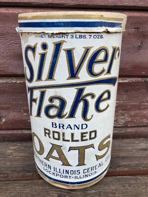 Antique SILVER FLAKE Rolled Oats Oatmeal Cereal Canister Box Lockport Illinois - Image 1 of 2