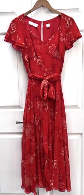 Vestido Dana Buchman Mujer 4 Rojo Floral Maxi Seda Manga Acampanada Cinturón Elegante Foto 1 de 4