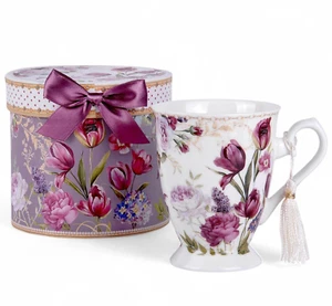 STPGOODS Tulip Bone China Mug Porcelain Cup Coffee Tea Mug Flowers Mug 9.5 oz - Picture 1 of 11