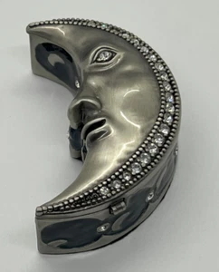 CRESCENT MOON SHAPE JEWELRY BOX - BLUE TONE SATIN SILVER FINISH CLEAR CRYSTALS - Picture 1 of 7