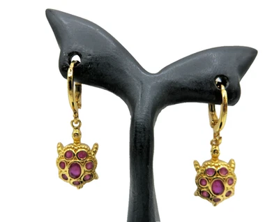 Tiny Turtle Tortoise Dangle Drop Earrings – 18K Gold Plated with Ruby Stones - Image 1 of 4