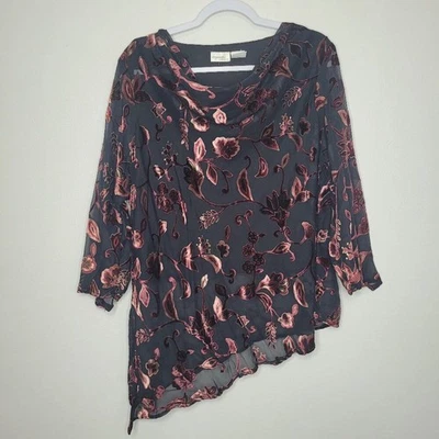 Vintage y2k velvet burnout asymmetrical 3/4 sleeve cowl neck witchy top 18/20 - Image 1 of 4