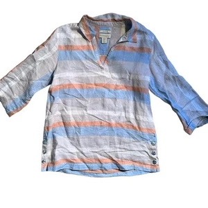 Cynthia Rowley 100% Linen Shirt 3/4 Sleeve Collared V-Neck Top Size Medium - Picture 1 of 7