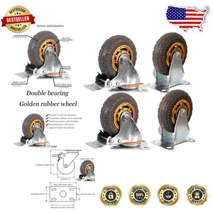 Set of 4 Heavy Duty 4" Rubber Swivel Caster Wheels with Brake - 330 lb Capacity - Picture 1 of 8
