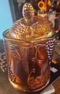 Vintage Indiana Carnival Glass Harvest Grape Canister Jar Iridescent golden - Picture 1 of 5