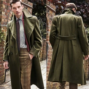 Herren Grüner Langer Mantel Custom Winter Elegant Jacke Hüftgürtel Freizeit - Bild 1 von 9