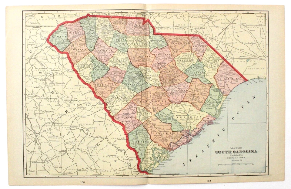 Mapa antiguo auténtico "CAROLINA DEL SUR" 1907 Foto 1 de 1
