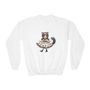 Cat Girl Youth Crewneck Sweatshirt - Cute Dress Design, Kids Pullover Top, - Picture 1 of 21