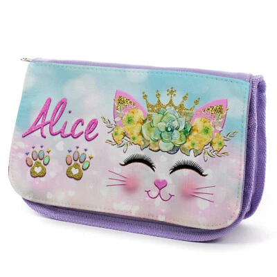 Personalised Cat Pencil Case Girls School Stationary Bag Purple Kitten KSP110 - Image 1 of 4