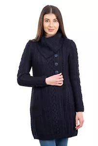 SAOL Aran Irish Cardigan Sweater Women`s Merino Wool Blend Coatigan with Pockets - Picture 1 of 18
