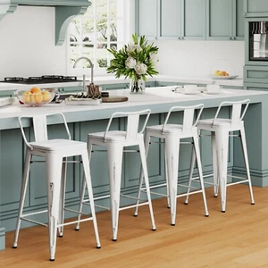 4Pcs Industrial Metal Barstools Low Back Distressed White Counter Height Stools - Picture 1 of 10