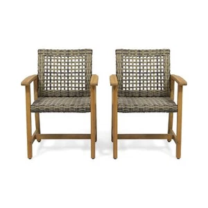 GDFStudio Outdoor Acacia Wood and Wicker Dining Chair (Set of 2) Natural and - Picture 1 of 5