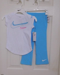 NWT 2pc Nike White Blue Pink Swoosh Top & Flared Pants Set sz 4 - Picture 1 of 1