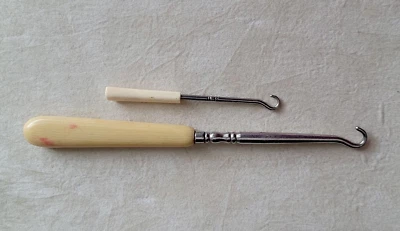 Antique Shoe Button Hook, Bakelite Handle 6" & Small Button Hook Bone 3" - Image 1 of 4