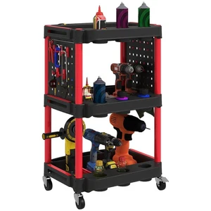 Werkstatt-Rollwagen mit 3 Etagen, Seitenlochregalen, Werkzeugwagen mit Haken - Bild 1 von 10