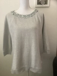 Chico’s Silver color Top Blouse 1 small fits 8-10 beaded neckline Holiday Dressy - Picture 1 of 5