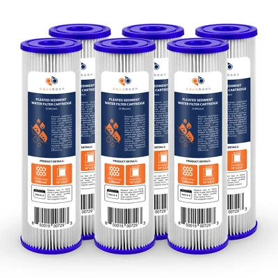 FILTERWAY 6 Pack of 5µm Pleated Sediment Water Filter Cartridges 10"x2.5" Standard Size