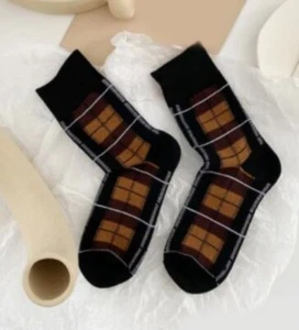Shades of Brown Plaid Socks Novelty Unisex 6-12 Crazy Fun SF84 - Picture 1 of 1