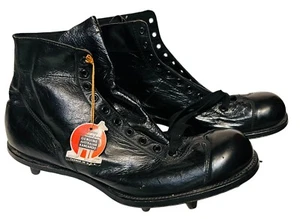 Dead Stock 1940er Vintage MacGregor schwarze Leder Fußballschuhe Größe 8E neu aus altem Lagerbestand Etikett - Bild 1 von 12