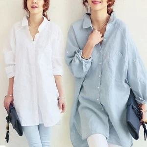 Lady Linen Look Oversize Boyfriend Style Blouse Long Shirt Top Tee Hippie Solid - Picture 1 of 8