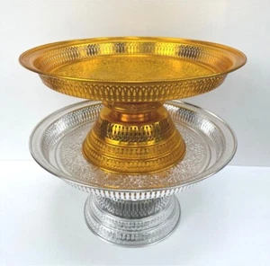 Vintage Style Thai Phan Khan Tok High Foot Gold Tray Silver Aluminum XL Sz 53 cm - Picture 1 of 48