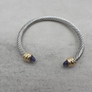 Womens Bracelet Silver Tone Cable Cuff Bangle Purple Bead Accent 7 Inch Jewelry