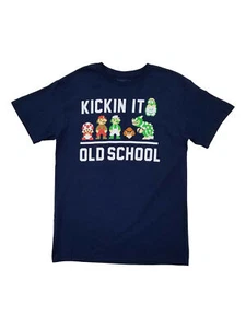 Super Mario Bros Mens Navy Blue Kickin It Old School Video Game T-Shirt - Picture 1 of 1