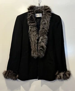 Albert Nipon Black Wool Blazer Jacket Coat Fur Trim Women’s Size 4 (BR) - Picture 1 of 4