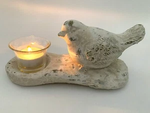 Stone Bird Tealight Candle Holder Ceramic Shabby White Distressed Garden Votive - Picture 1 of 8