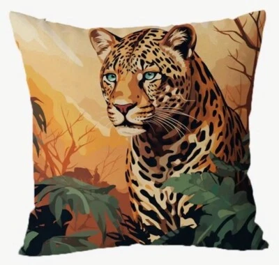 Leopard Tiger Cheetah Animal Nature Painting Linen Throw Pillow Cover Home Decor - Image 1 of 4