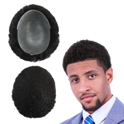 Mens Human Hair Replacement System Afro Curl Poly Skin Toupee Black Hair Pieces - Image 1 of 4