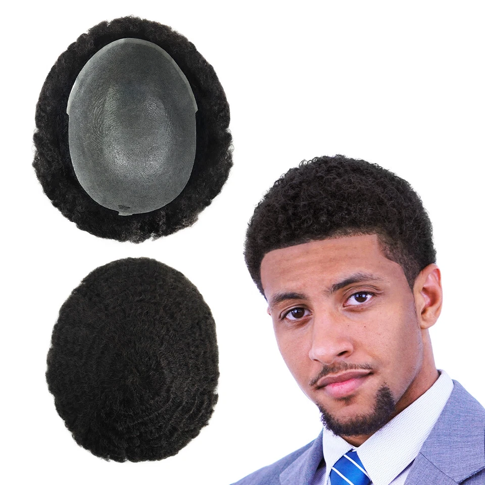Mens Human Hair Replacement System Afro Curl Poly Skin Toupee Black Hair Pieces - Image 1 of 4