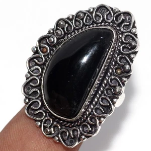 925 Silver Plated Black Obsidian Ethnic Antique Ring Jewelry Size Us 9 AU g149 - Picture 1 of 3