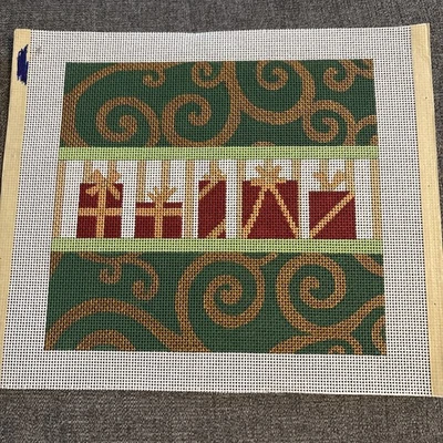 Christmas Themed Handpainted Needlepoint Canvas Pillow Presents Gifts Swirl 13m - Image 1 of 4