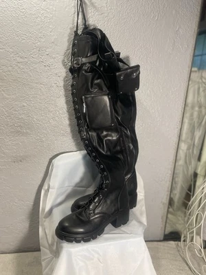 Over-The-Knee Boot Woman’s Size 8.5 Black Faux Leather Goth Punk Grunge Zip Emo - Image 1 of 4