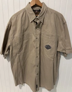 Harley Davidson Men's Large Beige Khaki Short Sleeve Heavy Button Up Shirt - Picture 1 of 9