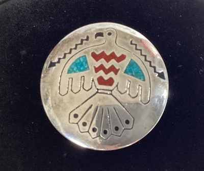 Bolo Tie Clasp Silver with Turquoise Coral Chip Inlay Thunderbird Signed G&S 95 - Image 1 of 4