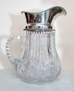 BROCCA D'ACQUA VINTAGE WILLCOX CONNECTICUT ARGENTO STERLING E VETRO TAGLIO BRILLANTE - Foto 1 di 8