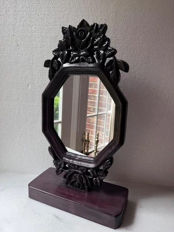 Antique Victorian Walnut  Mirror  Hand-Carved Floral Details Cover