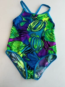Girls Vintage 90s Speedo Blue Tang Fish Pattern Print Athletic Racer Back Sz 12 - Picture 1 of 8