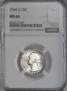 1945-S 25C WASHINGTON SILVER QUARTER "SAN FRANCISCO MINT" NGC MS66 #8343474-097 - Picture 1 of 4