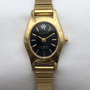 Vtg Armitron Diamond Watch Women 20mm Gold Tone Black Oval Dial New Battery a3 - Picture 1 of 13