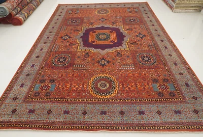 10 x 14 ft Orange Blue Mamluk Afghan Hand Knotted Wool Medallion Rug - Image 1 of 4